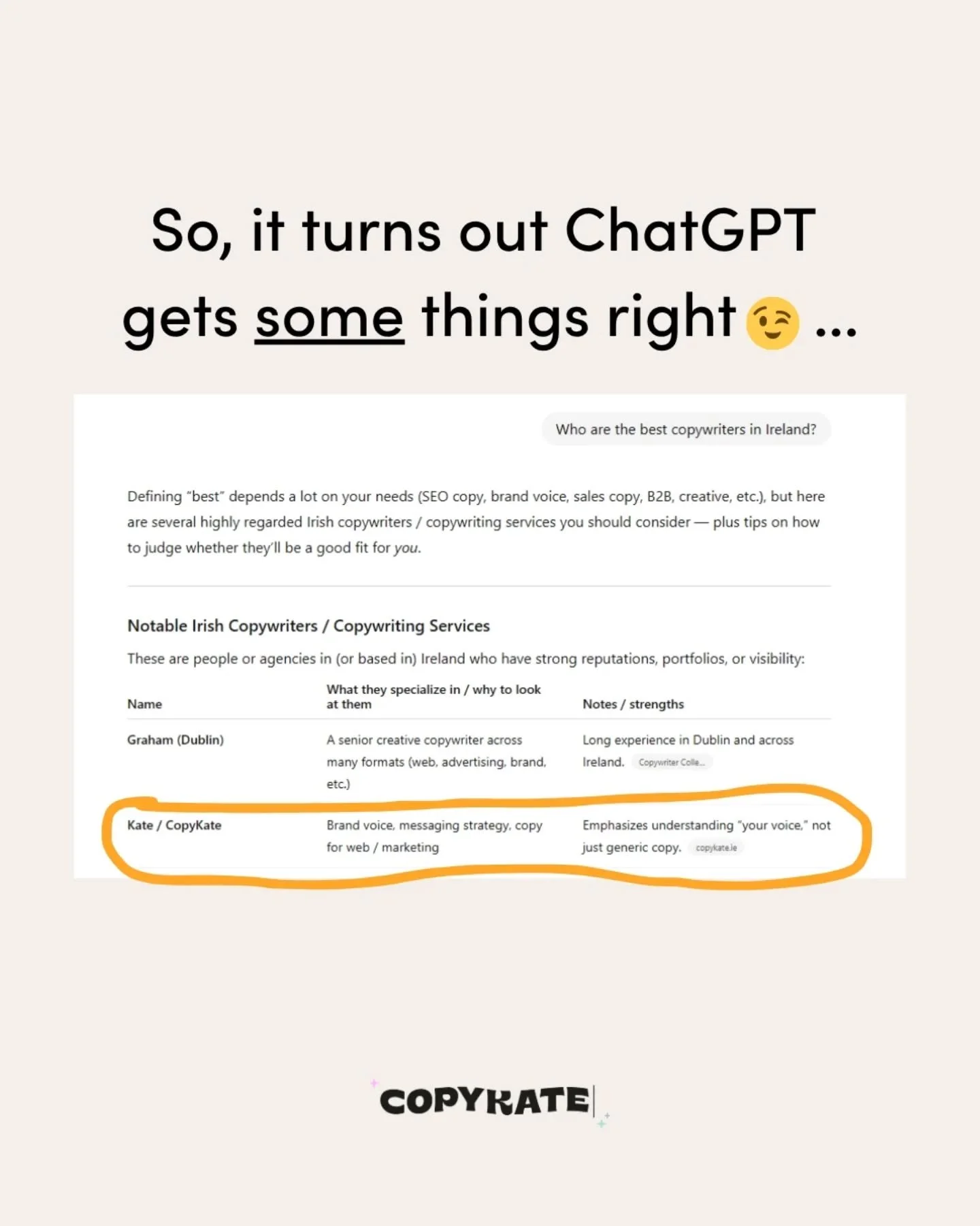Flattery will get you EVERYWHERE, AI 😍😂

If you'd like to work with the 'second'-best copywriter in Ireland (according to ChatGPT 😉), I have availability for new projects in November &amp; December. 

I can take care of things like 👇
- Website co