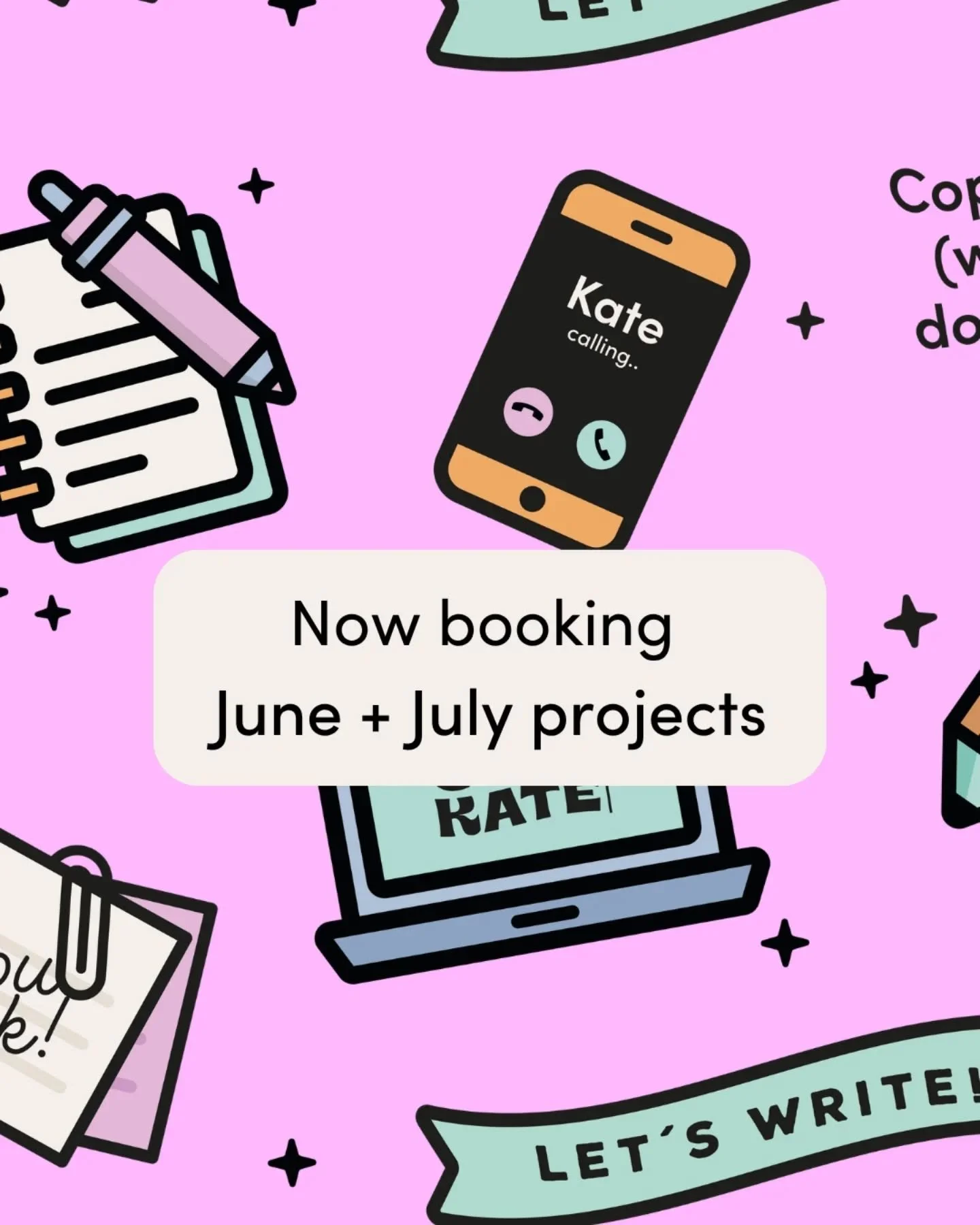📣 My books are officially open for June &amp; July 📣

I can take care of your 👇
- Website copywriting 
- Website UX &amp; messaging architecture 
- Brand voice &amp; tone development 
- Blogs/articles 
- Customer research &amp; profiling 
- Social