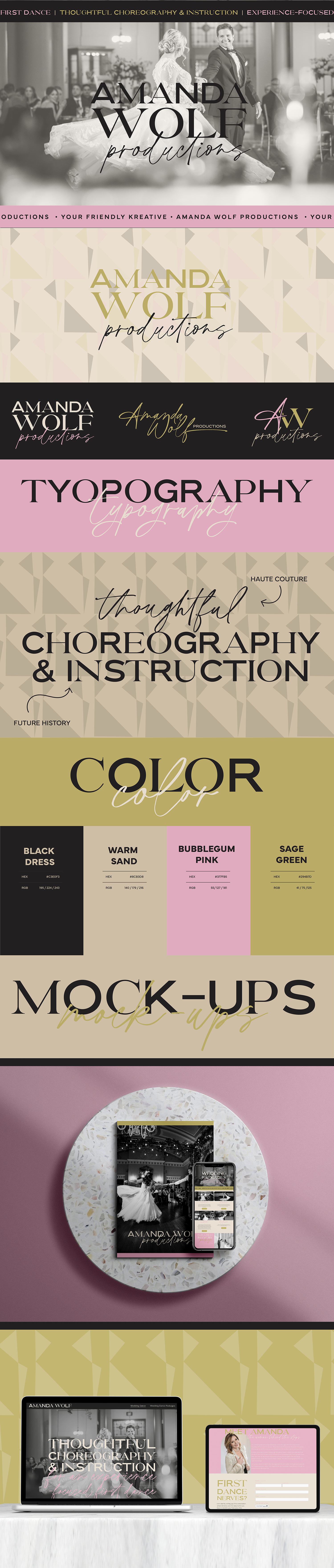 Brand reveal graphic showing all logo variations, typography, color palette, & mock-ups