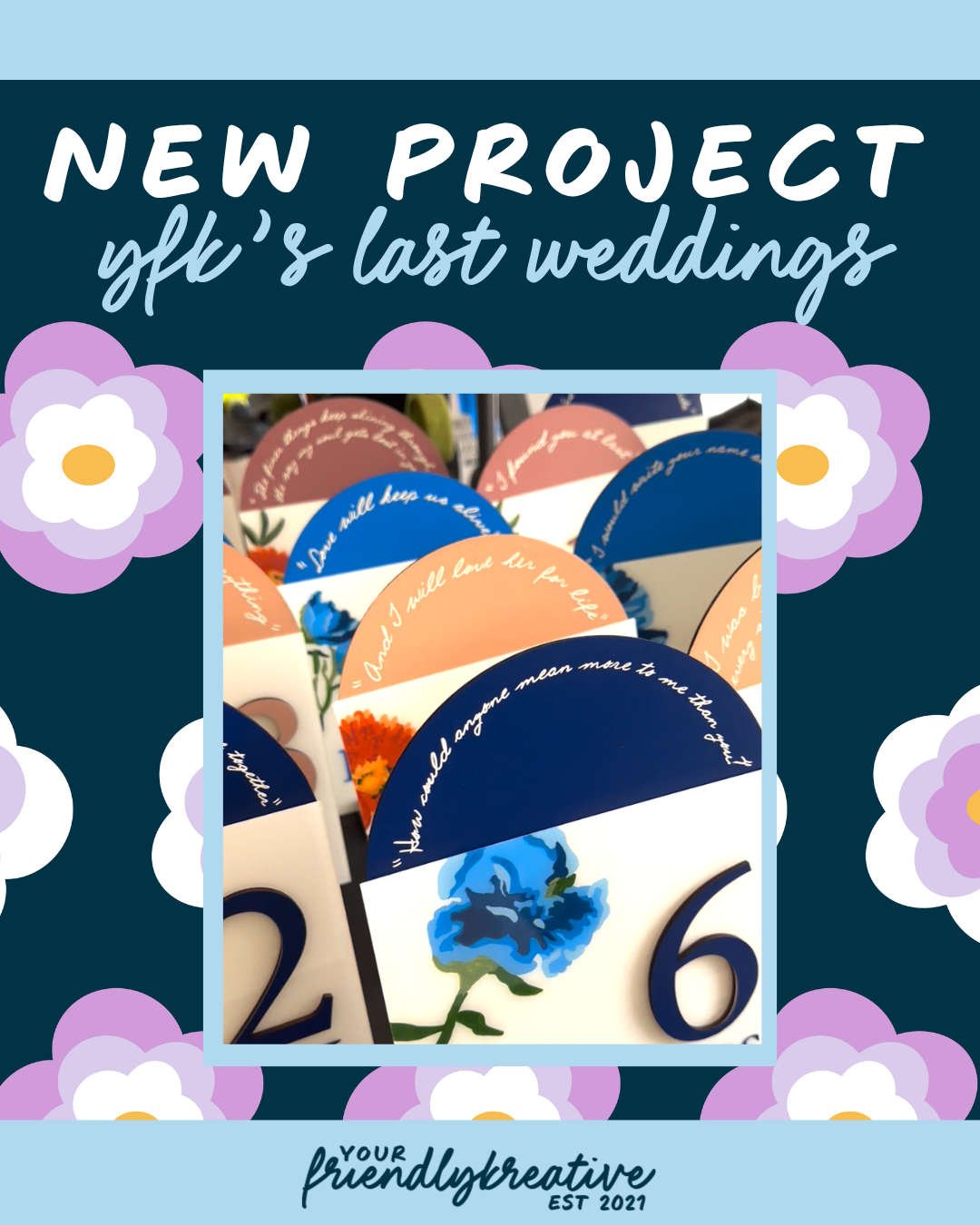 BLOG GRAPHIC: New Project; YFK's last weddings. Image of the table numbers for a fall, music inspired wedding.