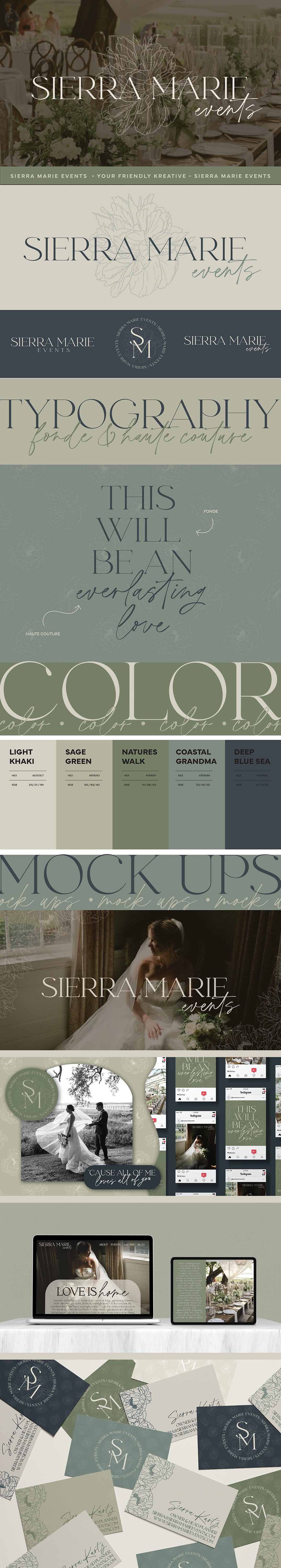 Sierra Marie Events Brand reveal graphic including logo variations, color palette, typography, and mockups.
