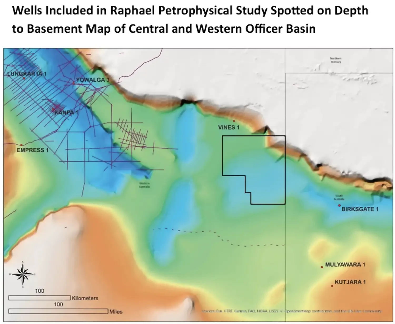 Wells Included in Raphael Petrophysical Study Spotted on Depth to Basement Map of Central and Western Officer Basin