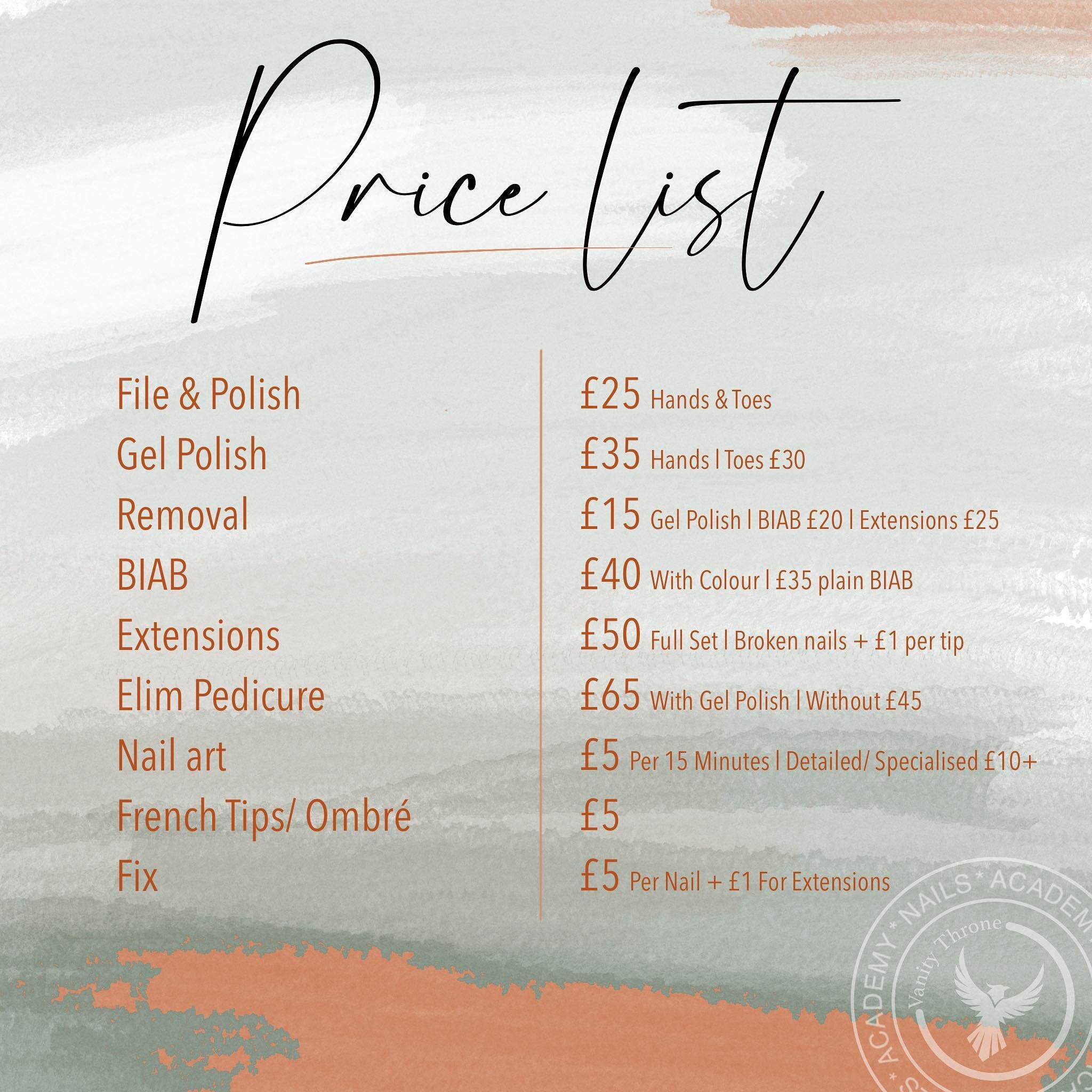 ✨ Revised Price List ✨ 

Effective April 8th 

Please take some time to review our new revised price list and decision as to why we have had to update this (in our previous post). 

I am grateful that you continue to choose me to be your nail tech, a