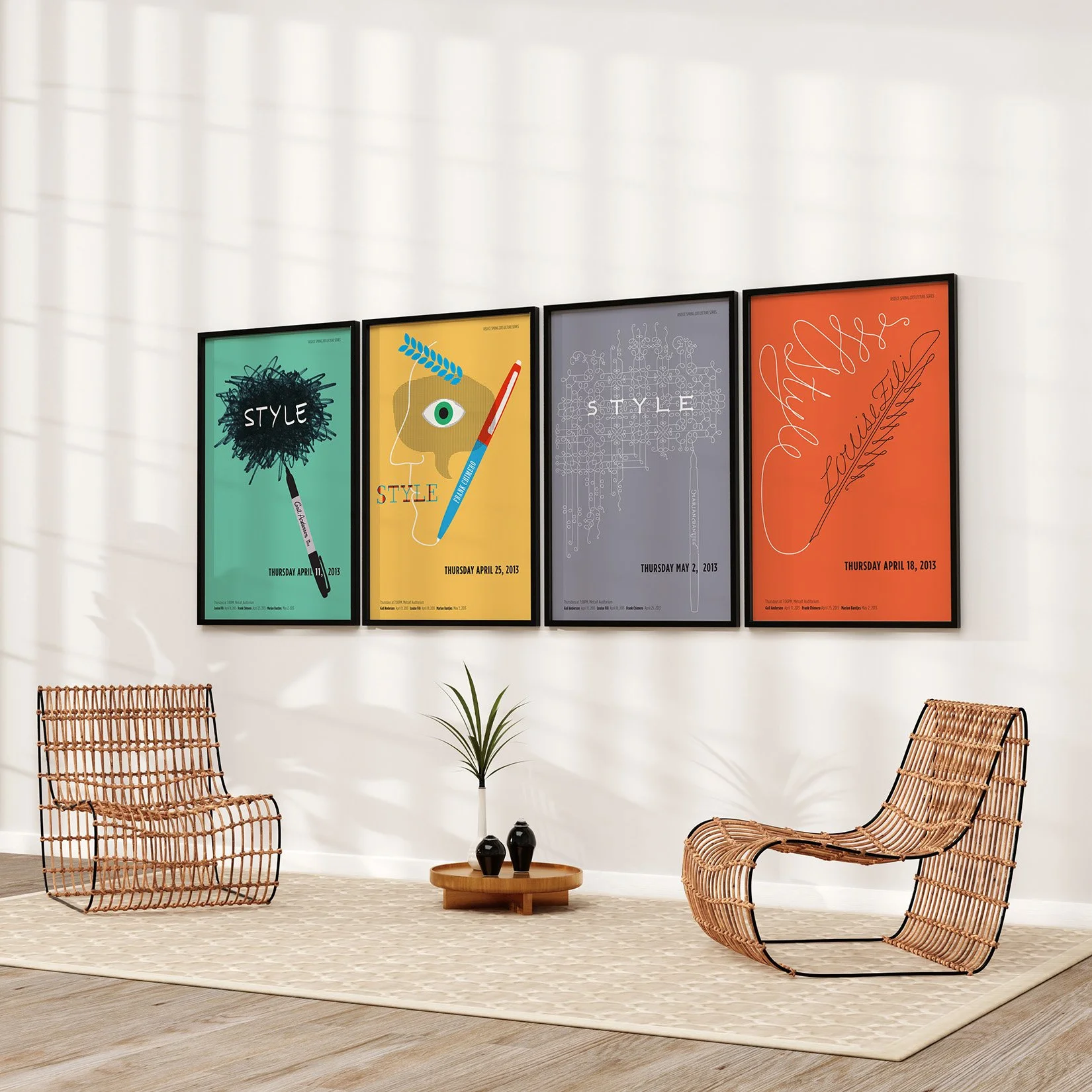 four posters framed on a wall