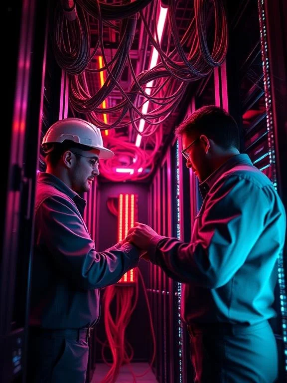 Two engineers working in comms room