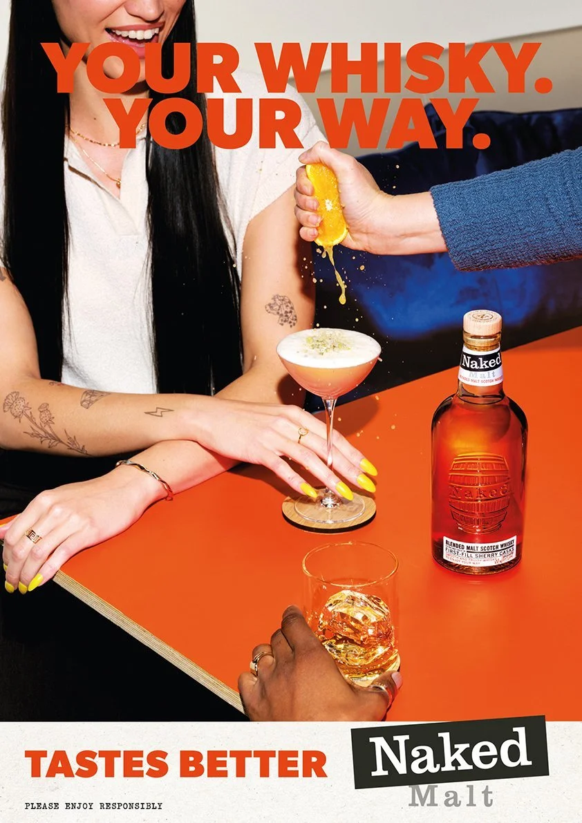 Fake custom tattoos and tattoo cover ups for 'Naked Malt' Whiskey 
