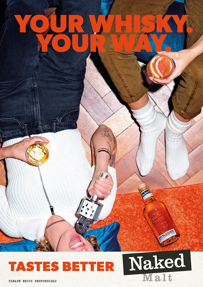 Fake custom tattoos and tattoo cover ups for 'Naked Malt' Whiskey 
