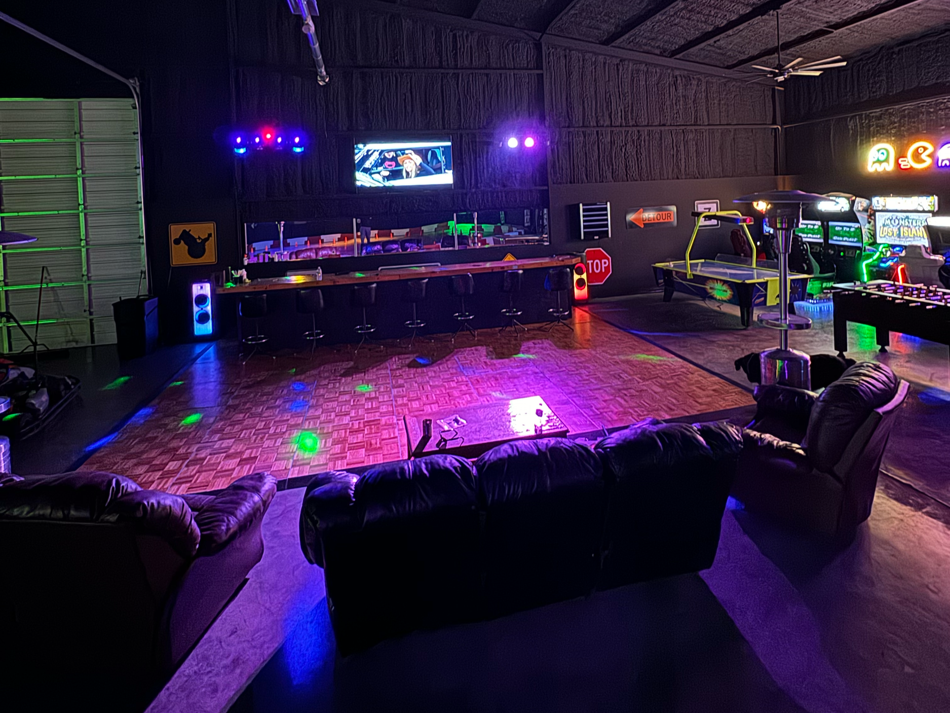 Compete in air hockey, pool, and darts.