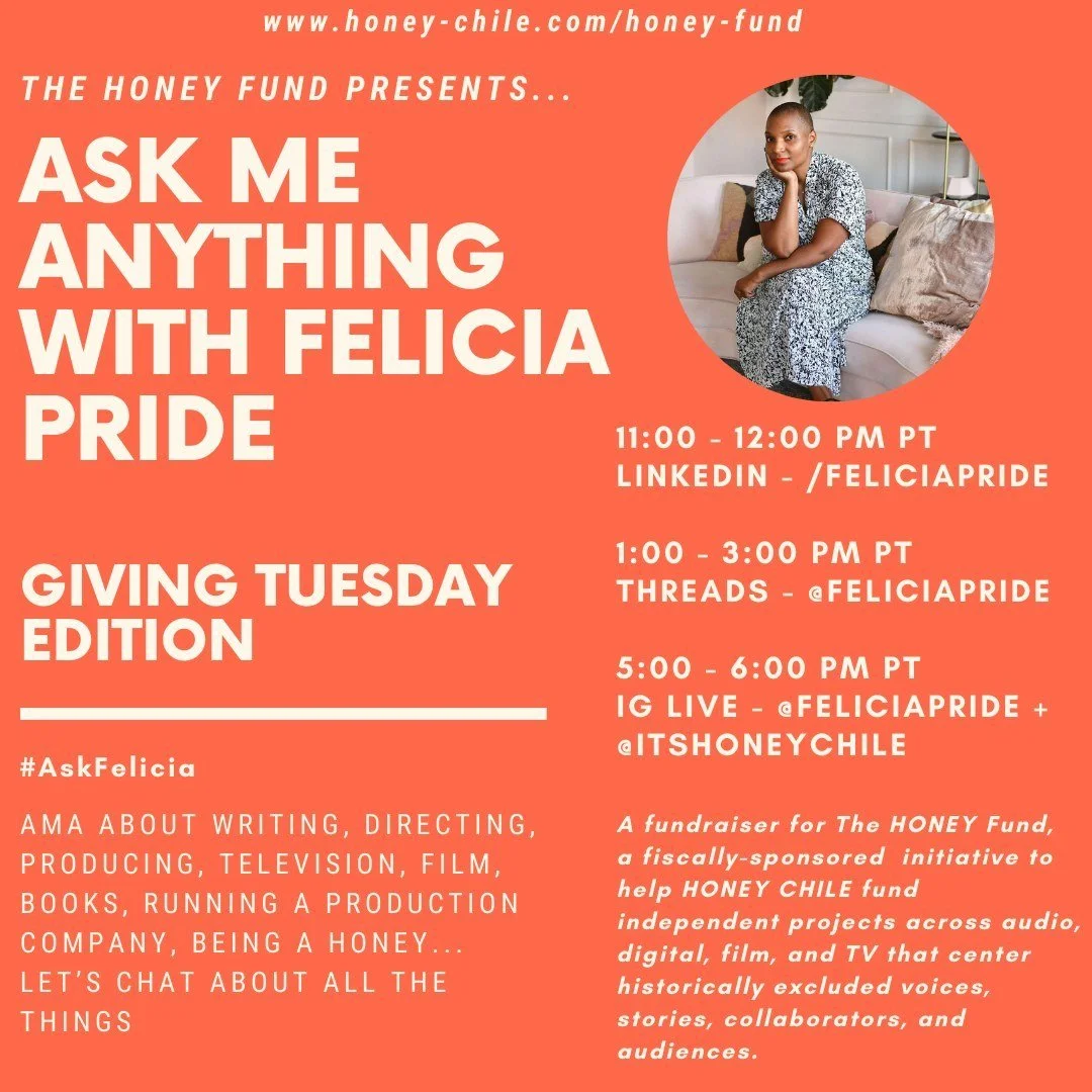 Tomorrow! Pick your platform and pull up. Answering all your writing, directing, producing, Hollywood, TV, film, Honeys, HONEY CHILE, and more questions. 

Hope to see you! Please tell your friends and your writers groups and your creative communitie
