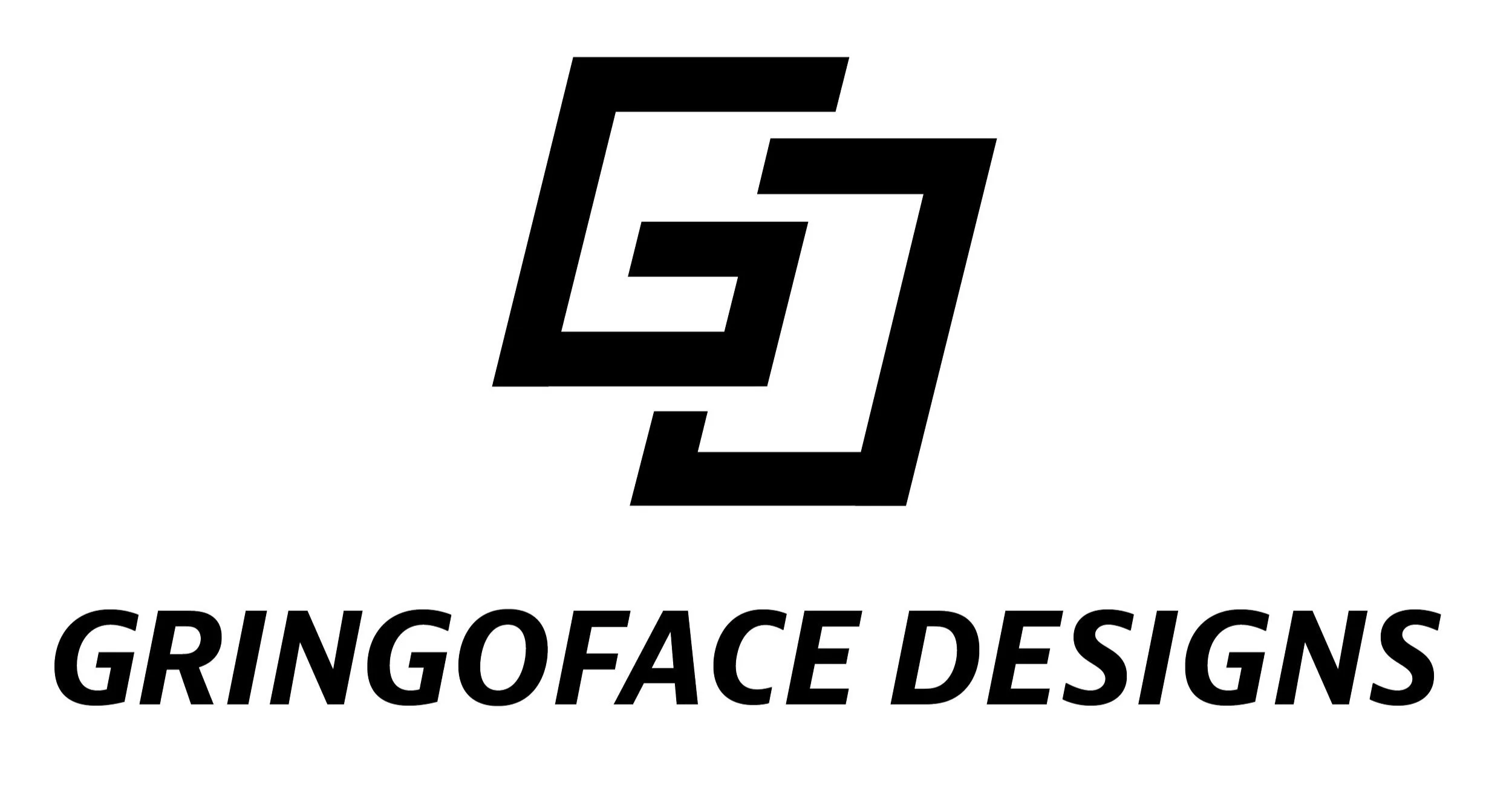 A black and white logo with a geometric design and the text 'GringoFace Designs' beneath it.