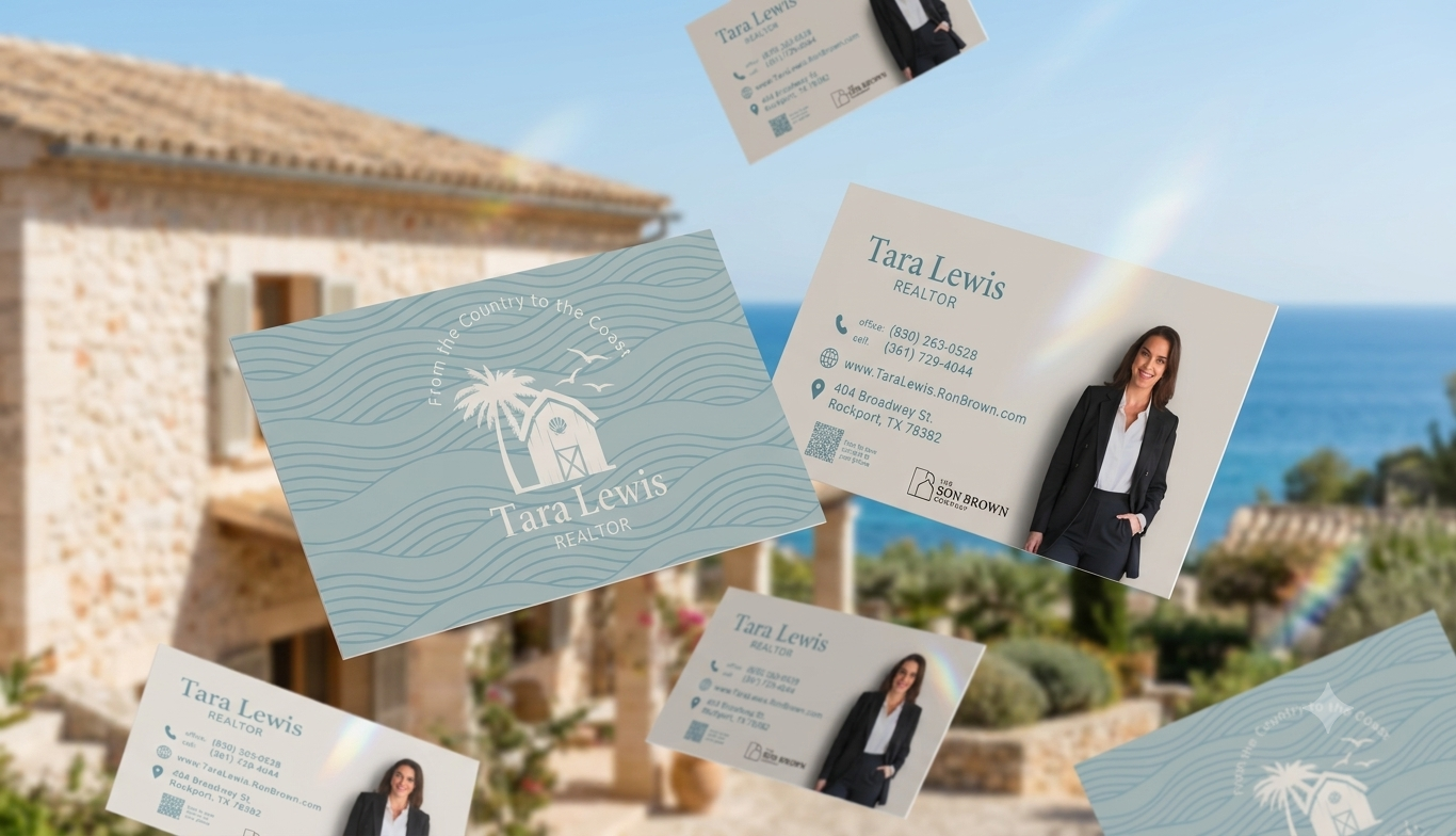 Floating business cards for Tara Lewis, a realtor, featuring her contact information, photo, and a logo with a house and palm tree. The background shows a house with stone exterior, windows, and a scenic view of the ocean, trees, and a rainbow.