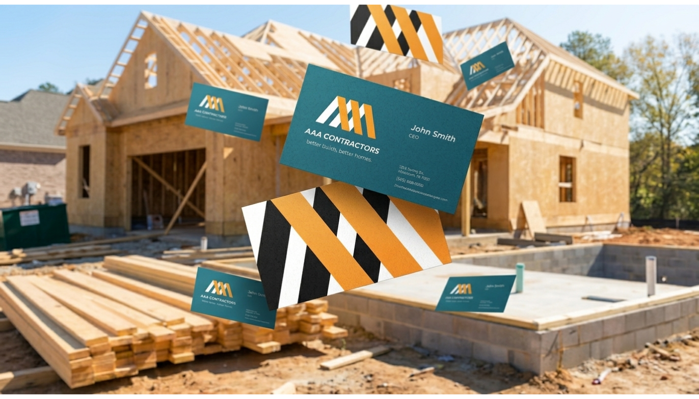 Construction site with a wooden house under construction, business cards and signage floating in the air promoting AAA Contractors.