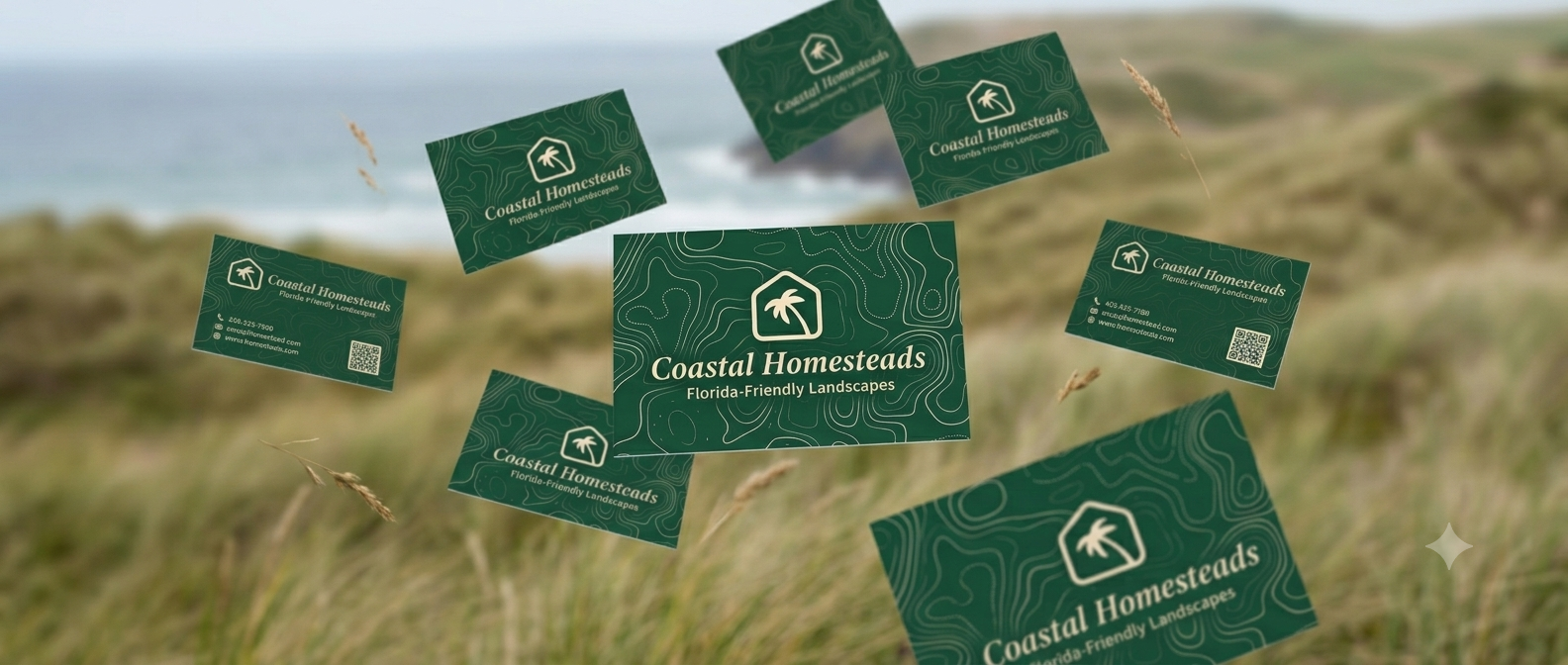 Falling business cards for Coastal Homesteads, a company specializing in Florida-friendly landscapes, with a background of a green grassy landscape and ocean in the distance.
