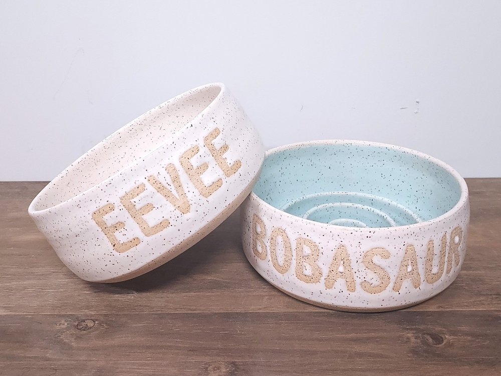 Custom Big Dog Pet Food Bowl, Ceramic Pottery Personalized Dog