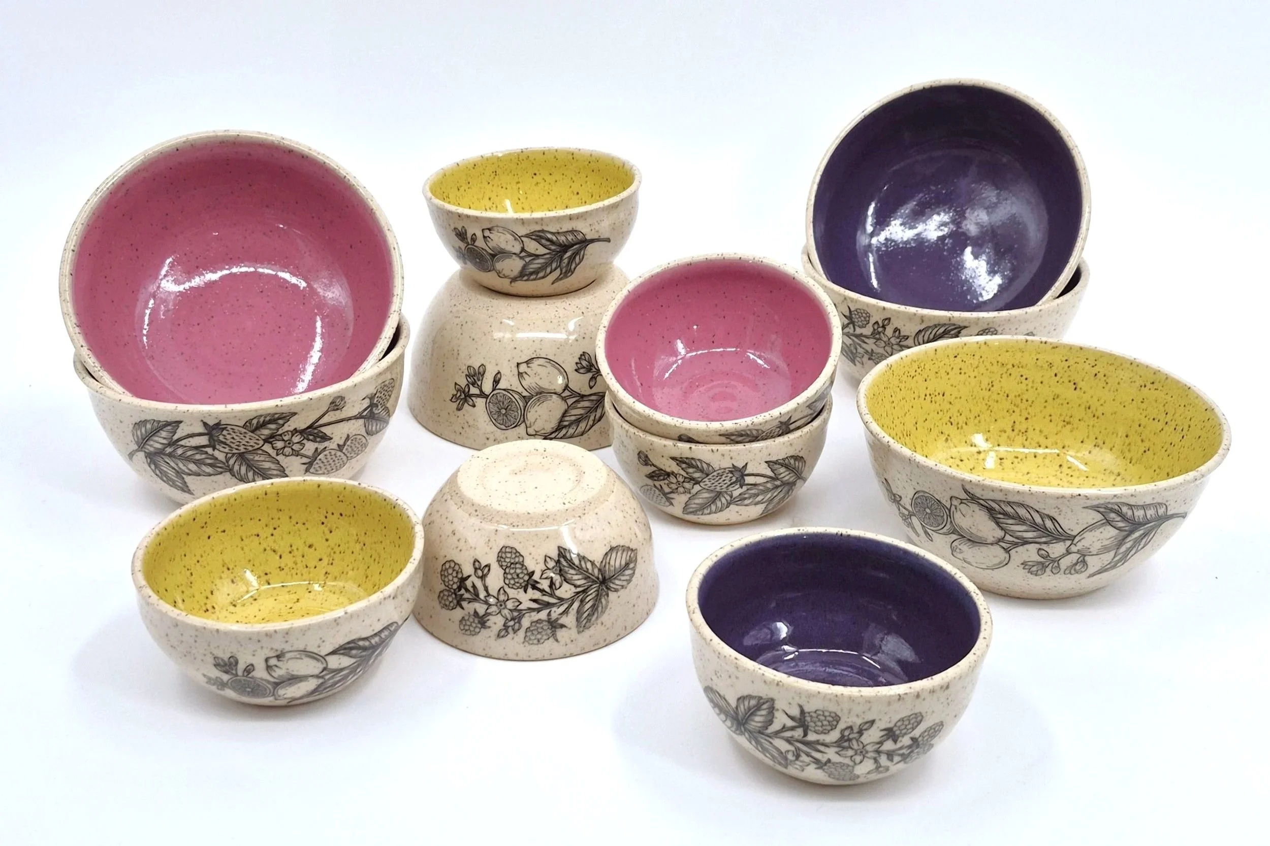 Emma's Bowls, Handmade Ceramic Dishes, Wheel Thrown, Multiple Glaze Options, Strawberry, Blackberry, Lemon Designs