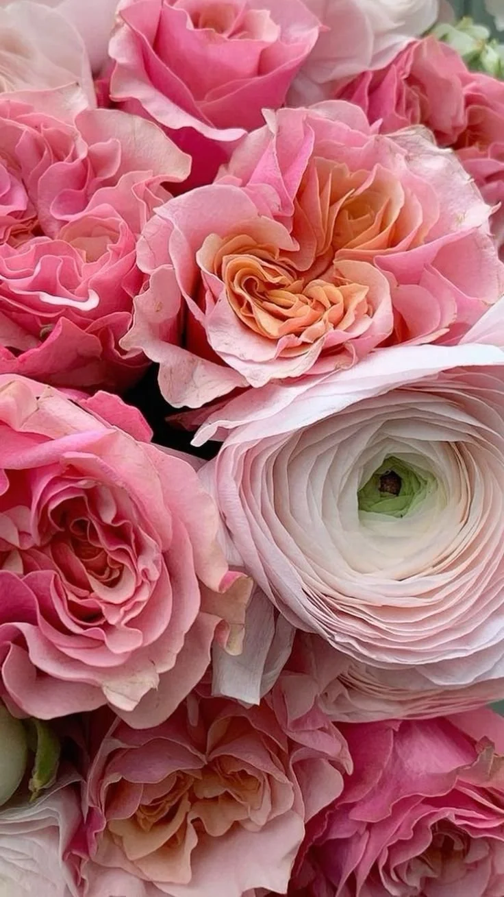 Close-up of blush and vibrant pink blooms in a garden-style arrangement