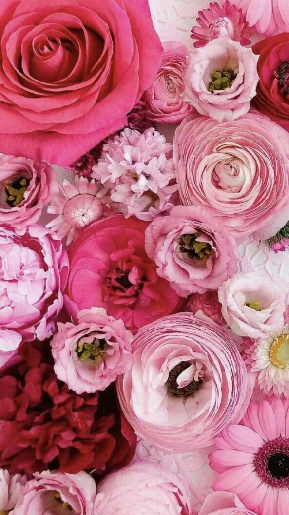 Close-up of soft pink flowers with delicate petals in a lush floral arrangement