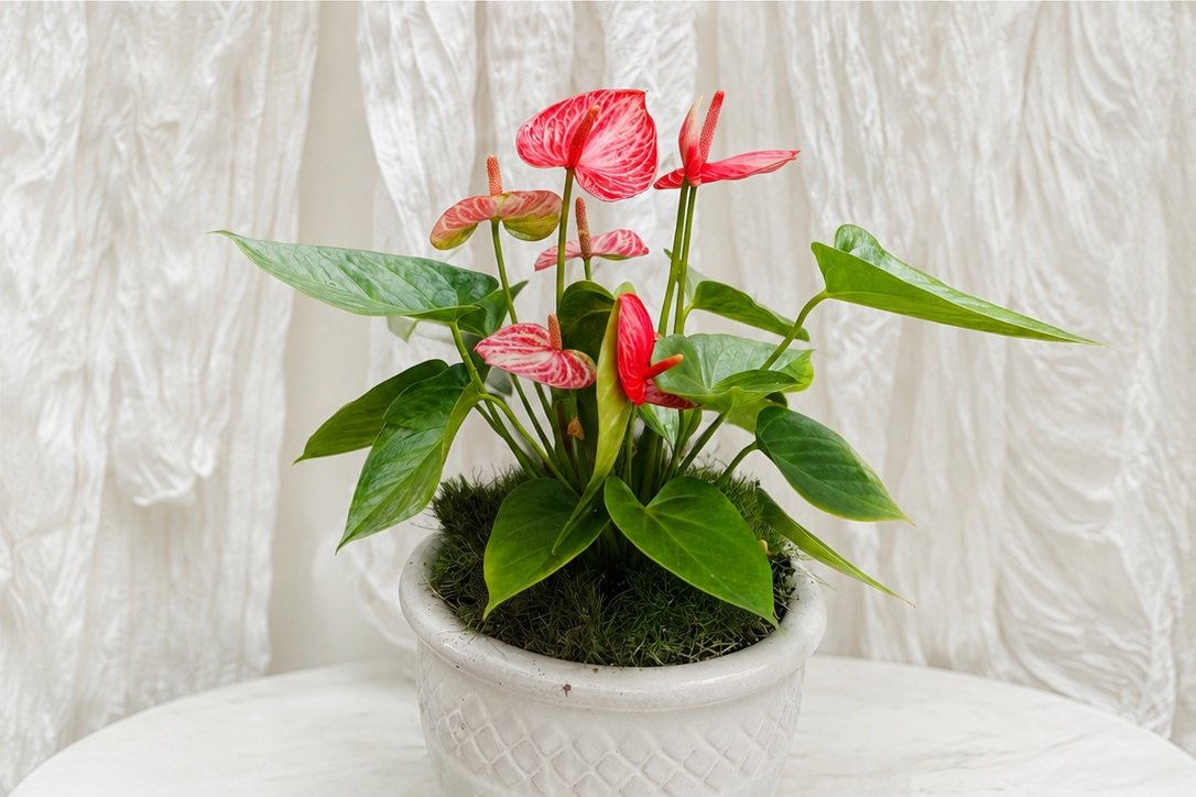 Red Anthurium plant in a premium white ceramic planter with living moss and ornamental grasses by The Nature of Things Fine Flowers in Riverside, California.