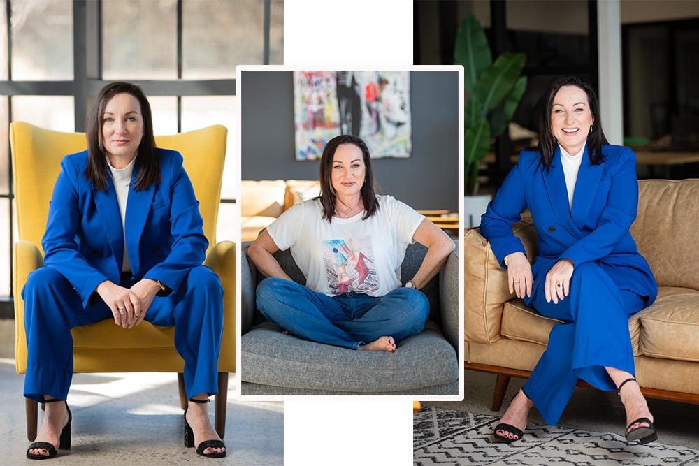A woman in a blue suit sitting on a yellow armchair, the same woman in a white t-shirt and jeans sitting on a gray armchair, and the woman again in a blue suit sitting on a tan sofa, in different indoor settings.