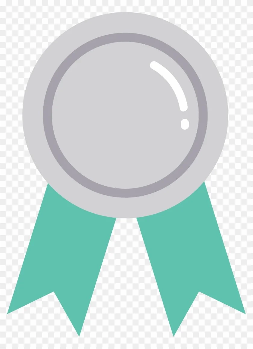 A digital illustration of a generic award medal with a round center and two teal ribbons hanging down.