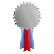 Silver award ribbon with red and blue ribbons hanging beneath