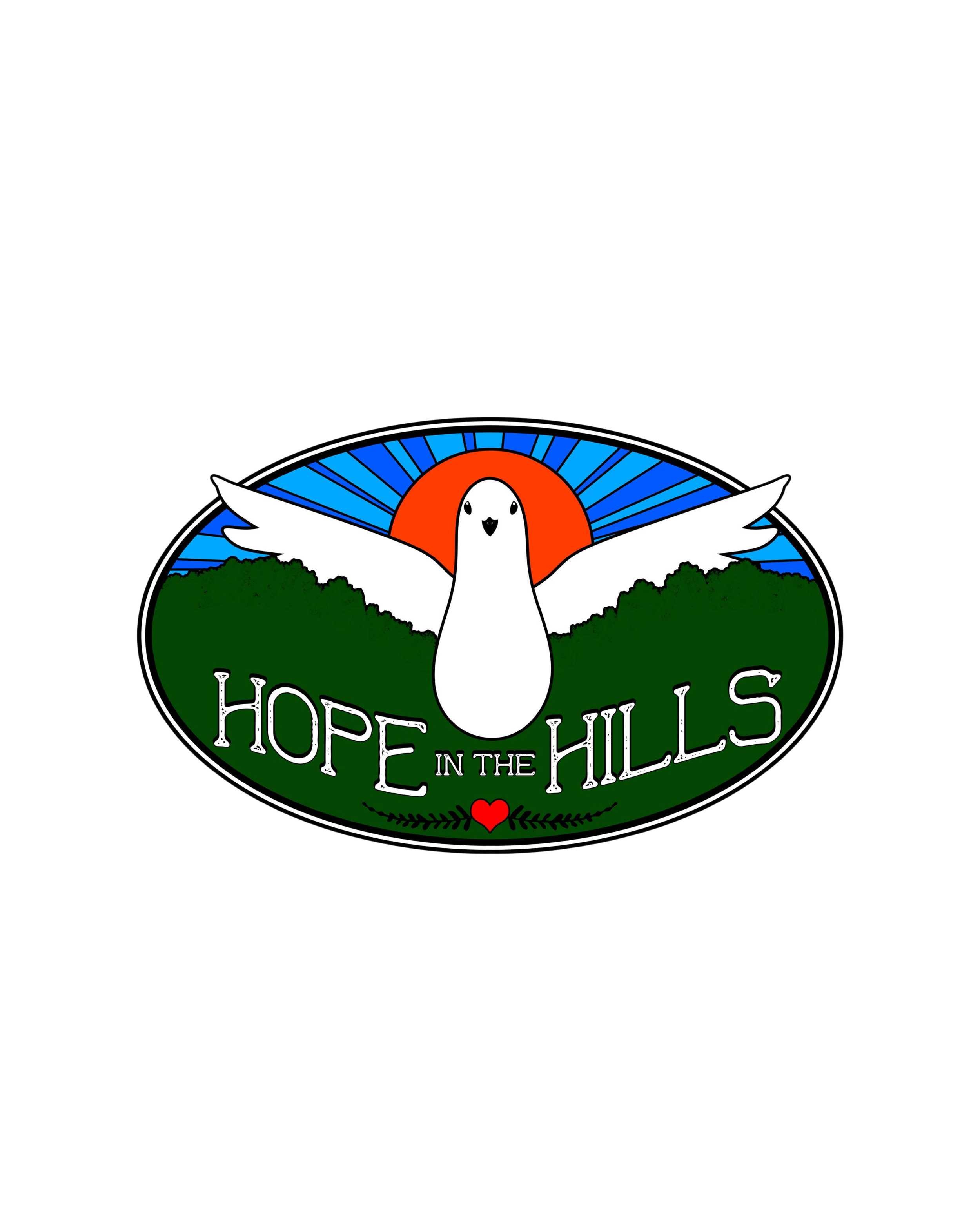 Logo with a white dove in front of a red sun and blue sky, green hills, and the text 'Hope in the Hills' with a small red heart.