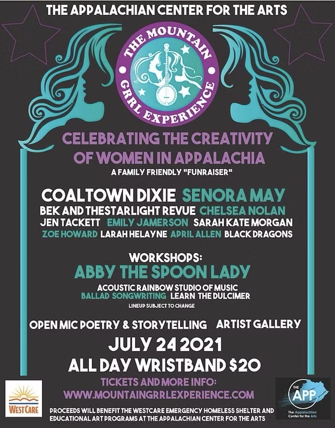 Poster for an event by The Mountain Grrl Experience celebrating women's creativity in Appalachia, featuring performances, workshops, and a black art gallery on July 24, 2021, with details and ticket info.