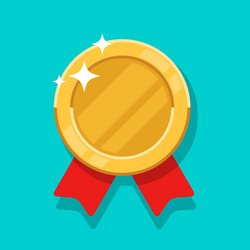 Gold medal with red ribbon on a blue background.