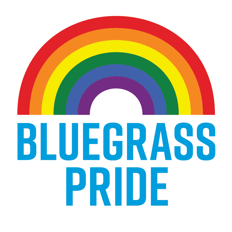 A rainbow with the colors red, orange, yellow, green, blue, and purple, above the text "Bluegrass Pride" in blue capital letters.