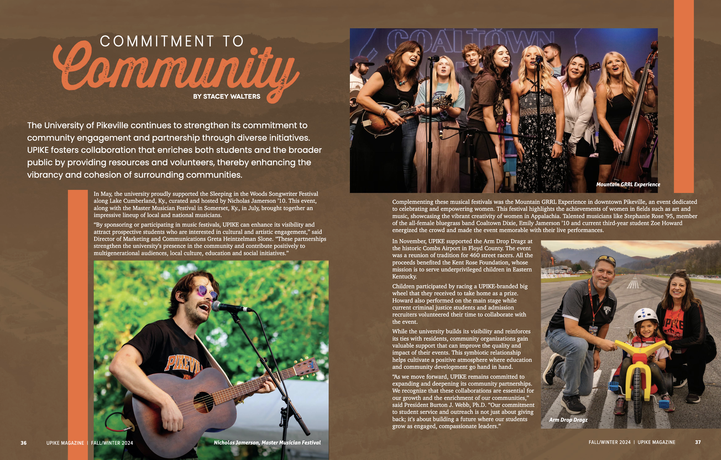 Page spread of a magazine article titled 'Commitment to Community' featuring photos of musical performances and community events at the University of Pikeville.