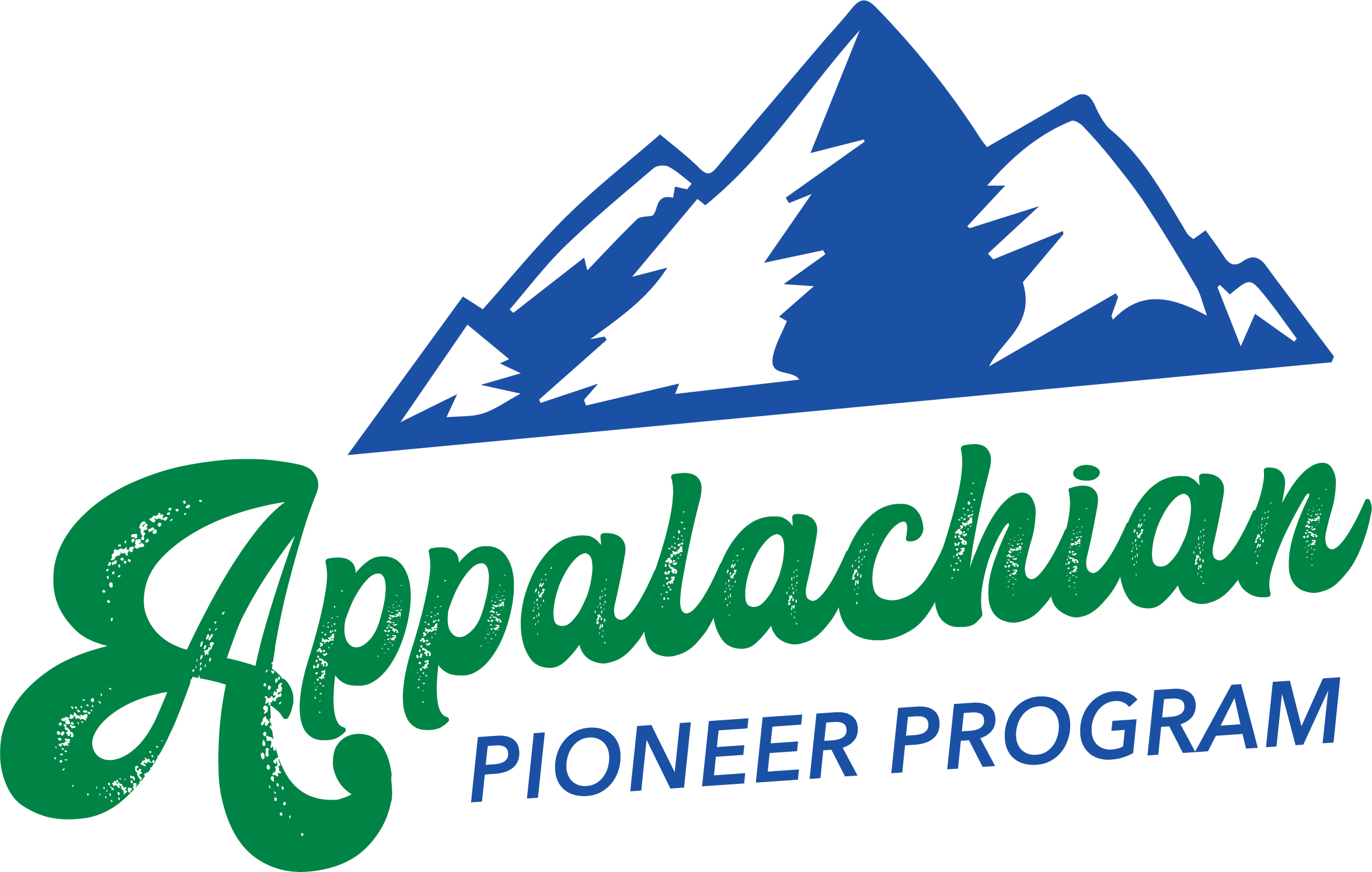 Logo of the Appalachian Pioneer Program featuring a stylized mountain with snow caps, green cursive text of 'Appalachian', and blue text of 'Pioneer Program'.