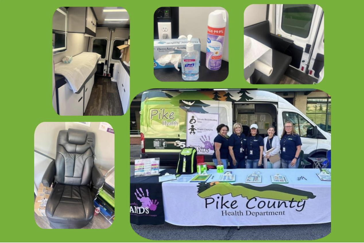 A collage of images showing a mobile health clinic van from Pike County Health Department, a group of five staff members standing outside the van, health supplies including hand sanitizer and disinfectant spray, and chairs and tables set up inside the mobile clinic for health services.