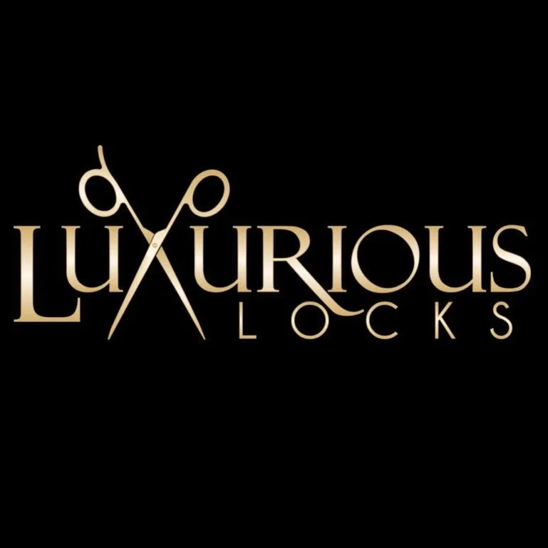 Luxurious Locks logo with the word 'Luxurious' in beige and the word 'Locks' beneath it, featuring a pair of scissors integrated into the letter 'X' on a black background.