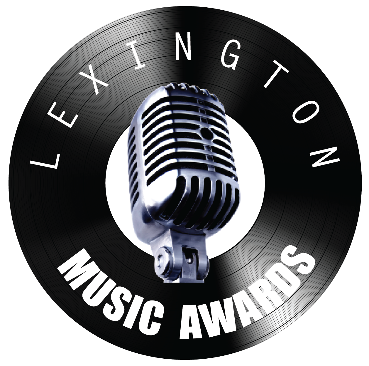 A logo with a vintage microphone in the center and the text 'LEXINGTON MUSIC AWARDS' around it in a circular pattern, with a black background and a metallic design.