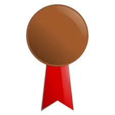 Brown medal with a red ribbon attached