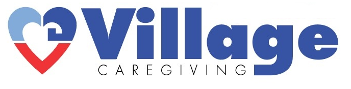 Logo for Village Caregiving, featuring a heart-shaped house icon in blue and red with the words "Village" in large blue font and "Caregiving" in smaller black font beneath.