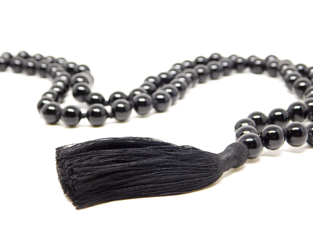 Black Onyx Buddhist Mala Beads Necklace with Black Tassels - One Tribe  Apparel