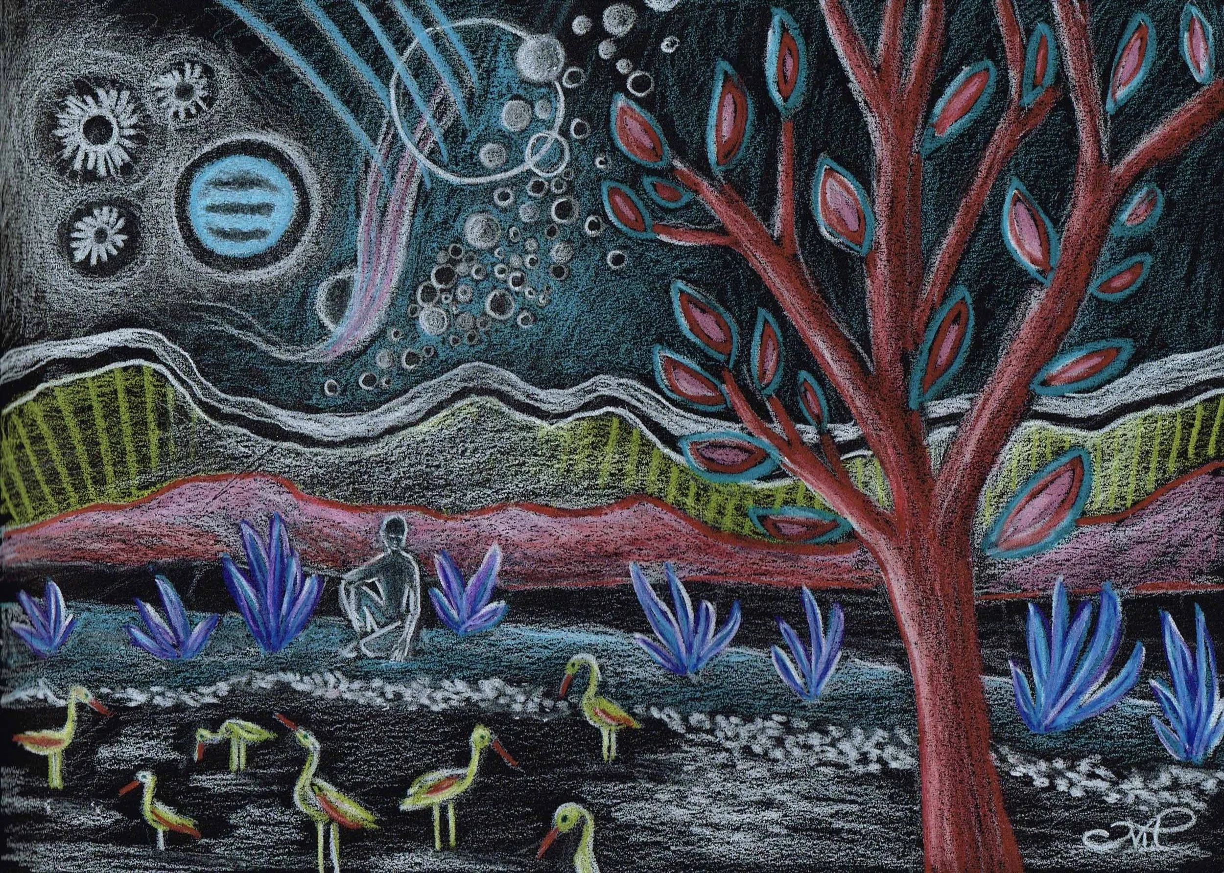 Écosystème, crayons de couleurs sur papier noir, 28x21.6cm, 2022