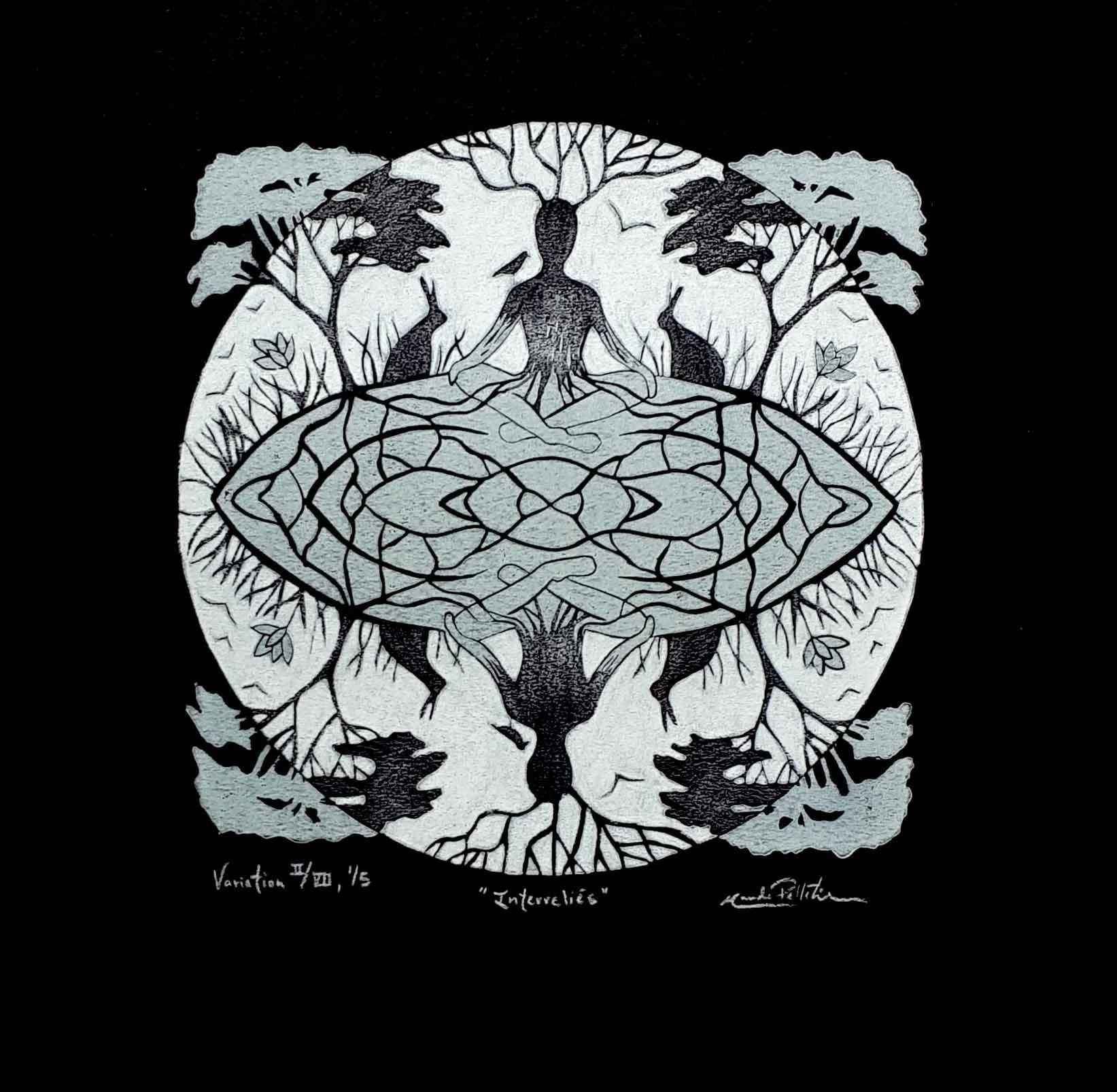 Interreliés, linogravure et rehauts au crayon de couleur, 30x30 cm, 2021