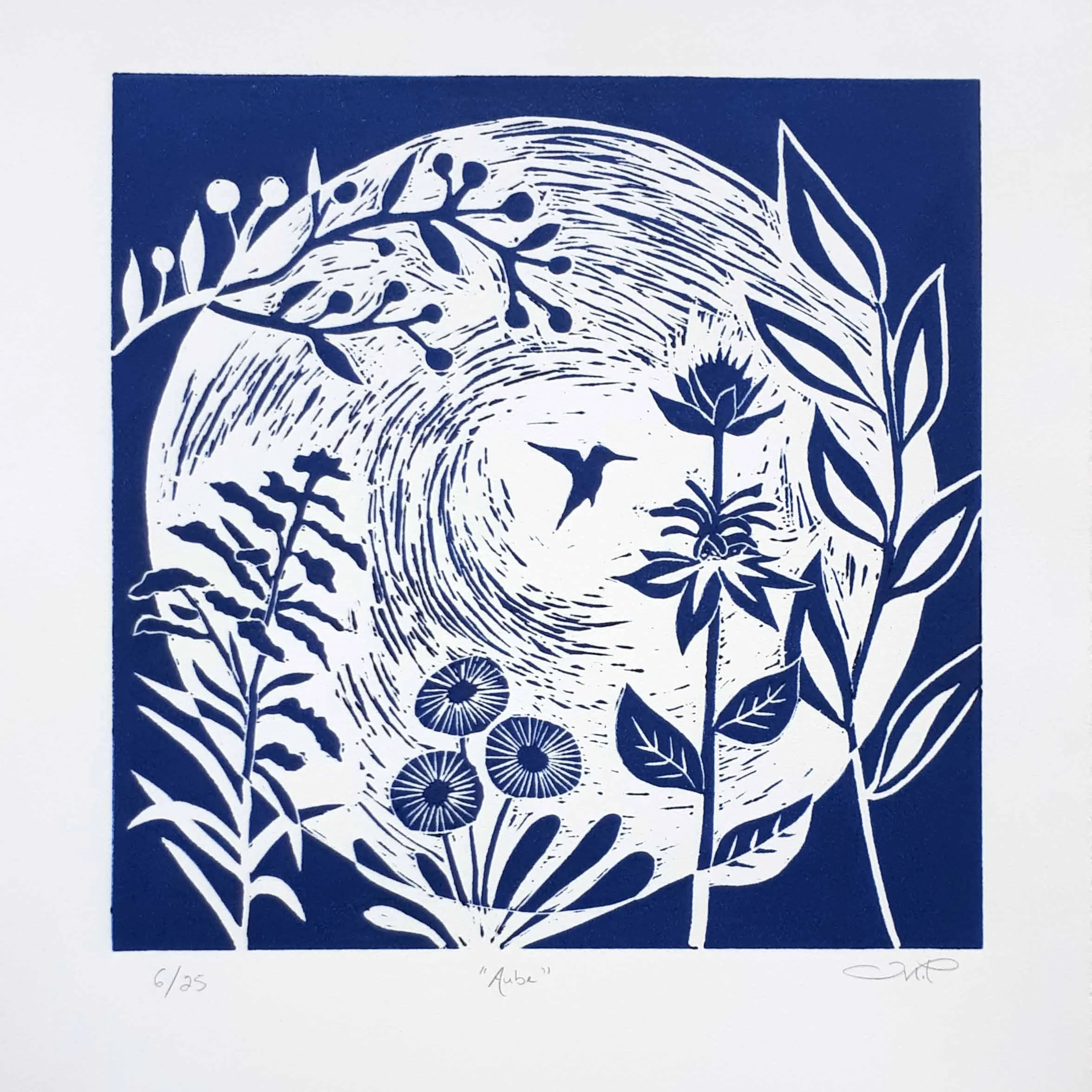 Aube, linogravure sur papier coton, 43x36 cm, 2021