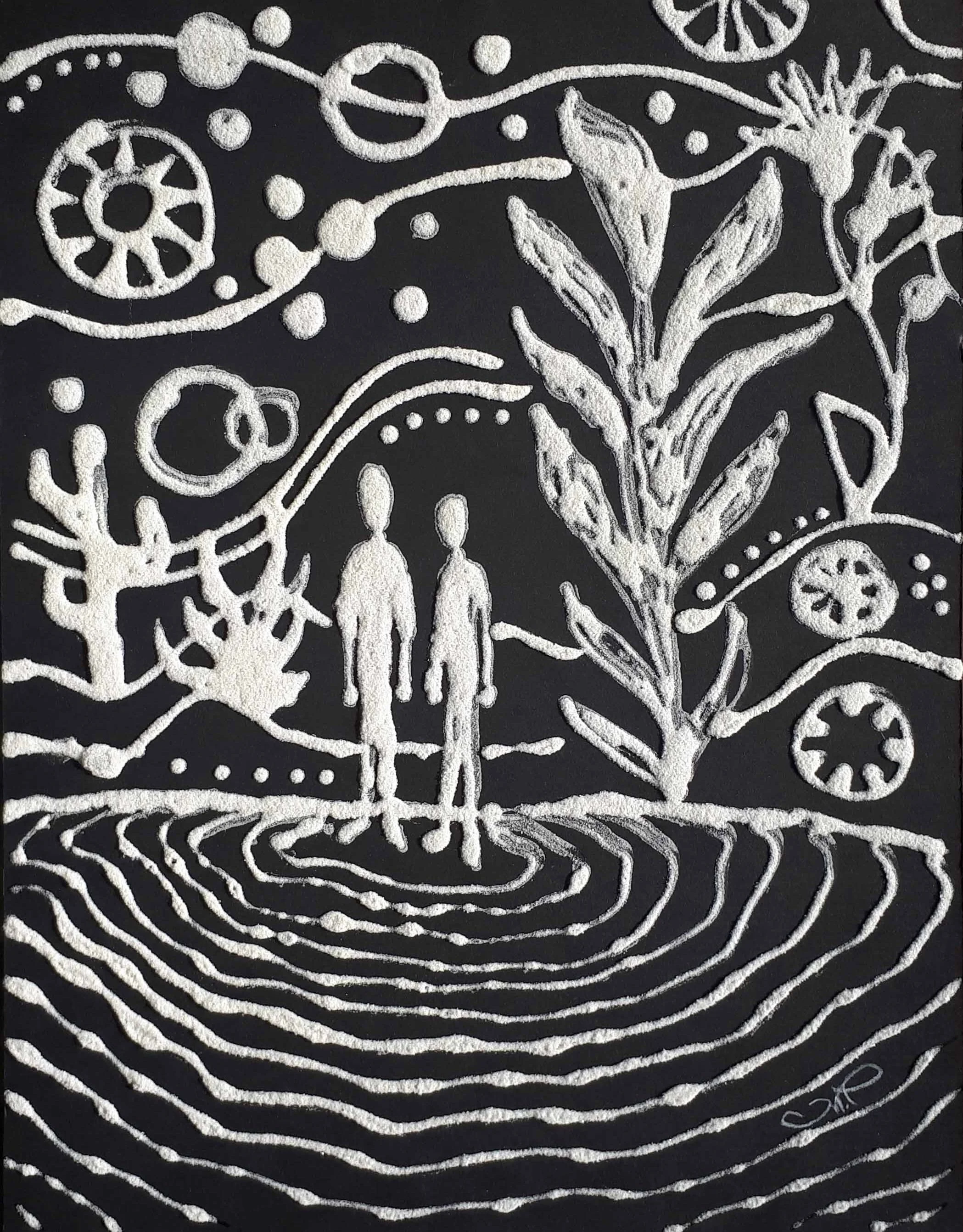 L’instant et l’infini, sable blanc sur carton noir, 28x21.6 cm, 2023