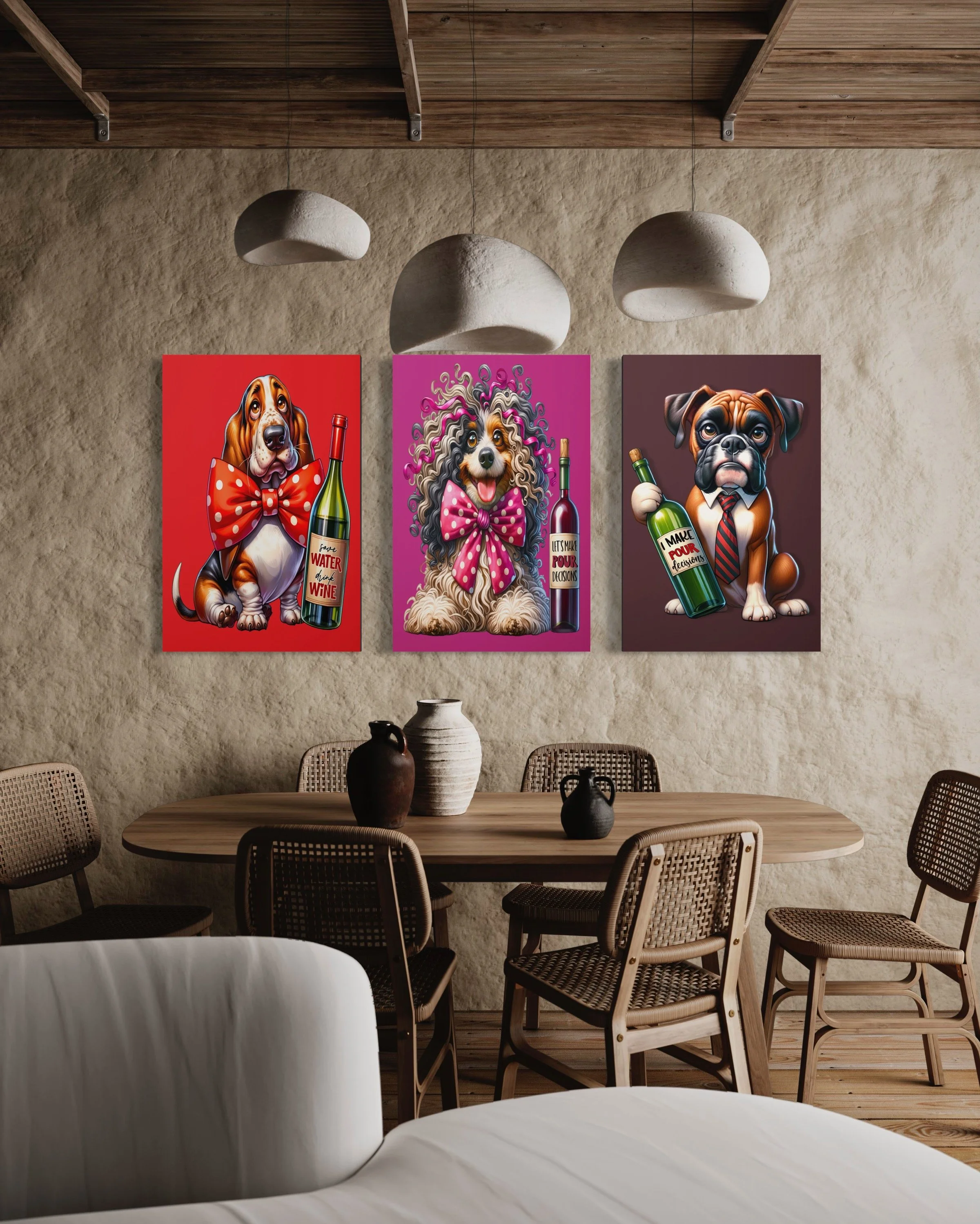 Three colorful paintings of dogs dressed in fancy clothes, each holding a bottle, hang on a beige textured wall in a cozy dining area with a wooden table, wicker chairs, and decorative vases.