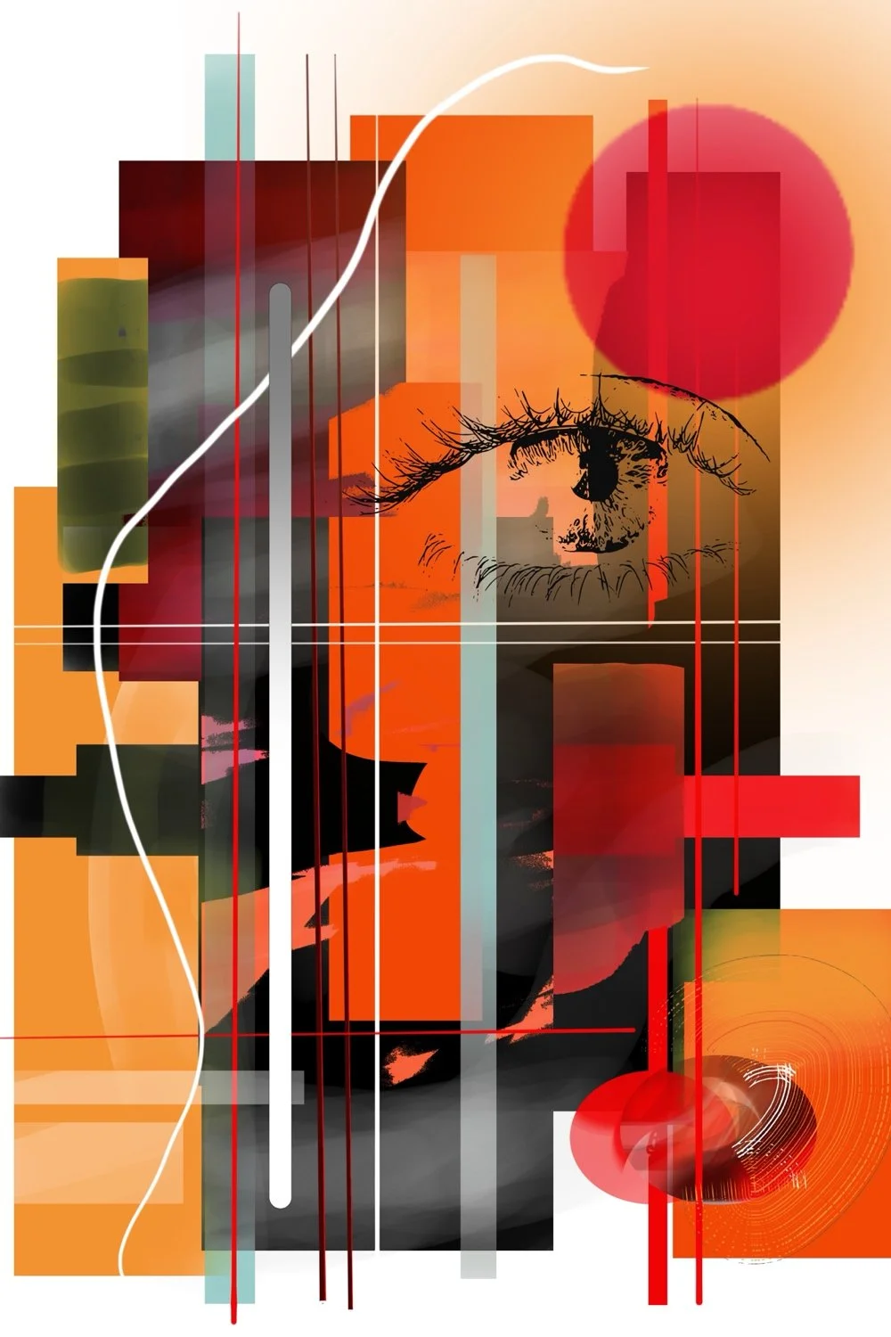 A digital collage featuring a close-up of a human eye overlaid with abstract geometric shapes, lines, and a silhouette of a person. The color palette includes shades of orange, red, black, and white, with elements resembling a sunset and technological themes.