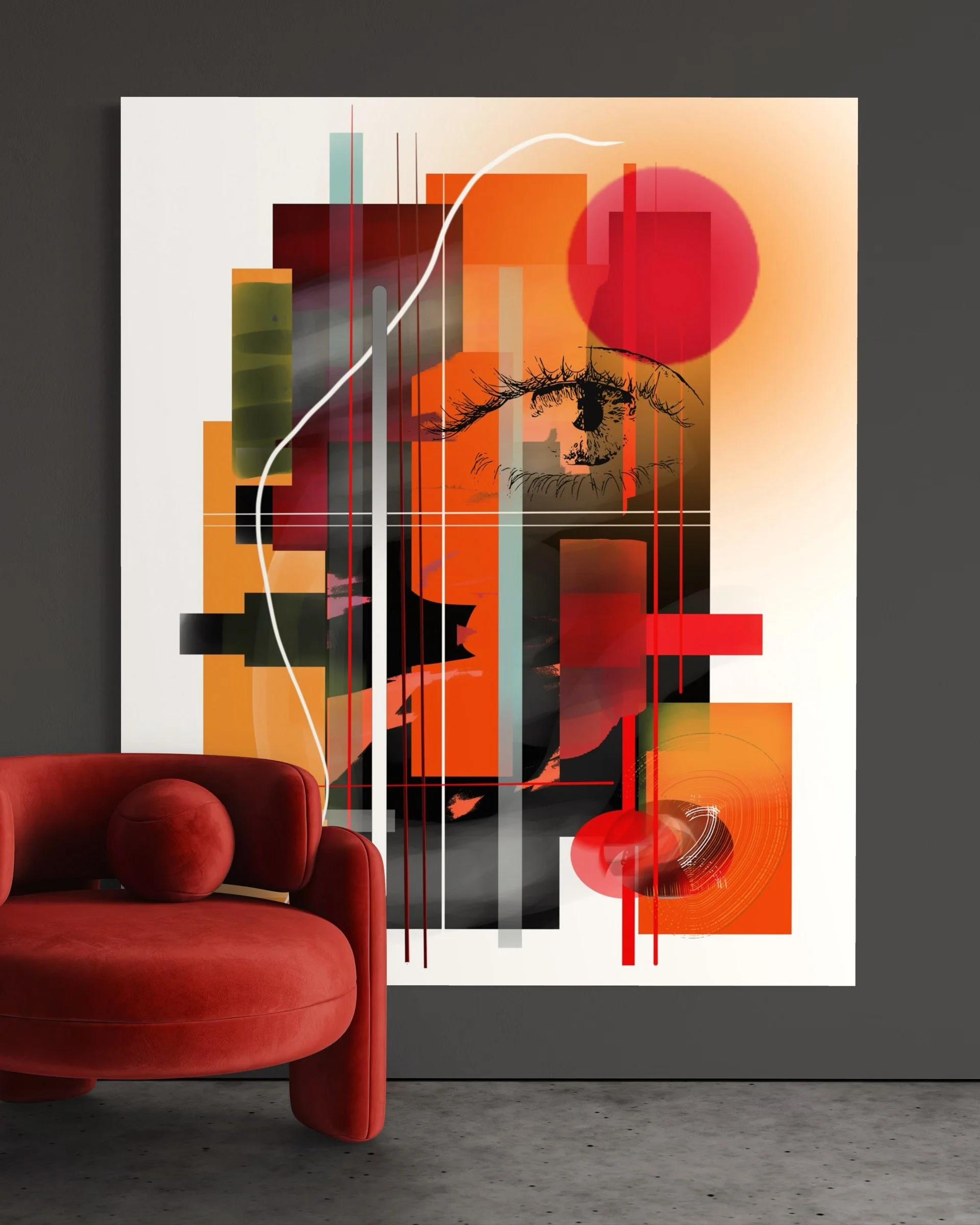 A modern abstract artwork featuring a stylized human face, a prominent eye, geometric shapes, lines, and contrasting colors such as black, red, orange, and gray, displayed on a large canvas in a contemporary room with a red velvet chair.