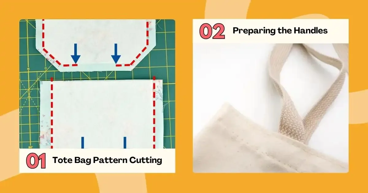 Step-by-step tote bag cutting and handle preparation guide.