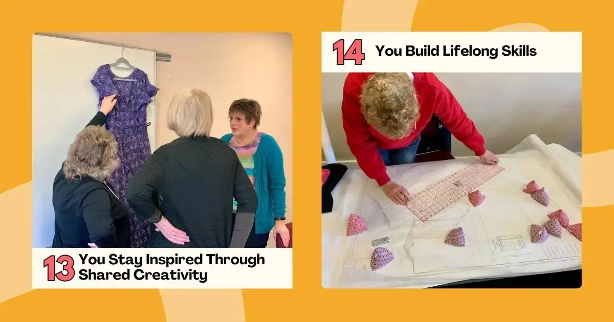 Adults discussing and working on sewing projects, sharing creative ideas together..