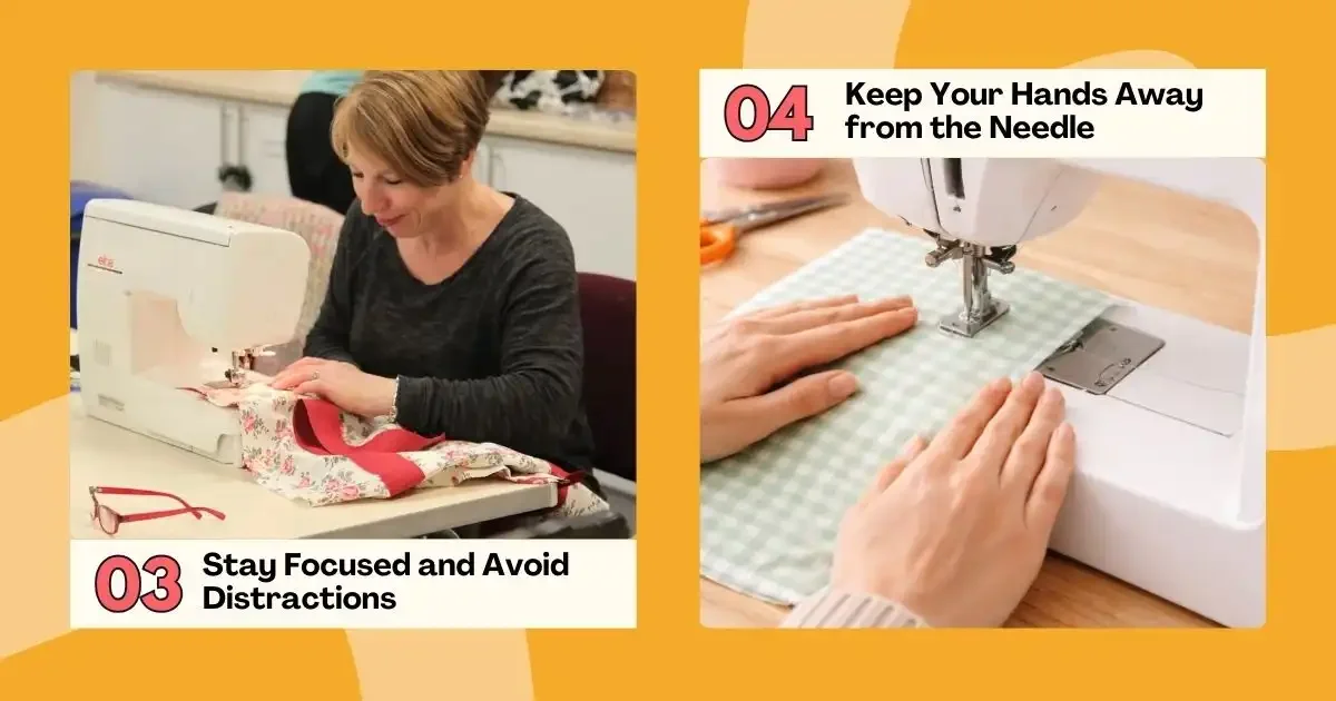 Two images showing a woman sewing while staying focused and avoiding distractions.