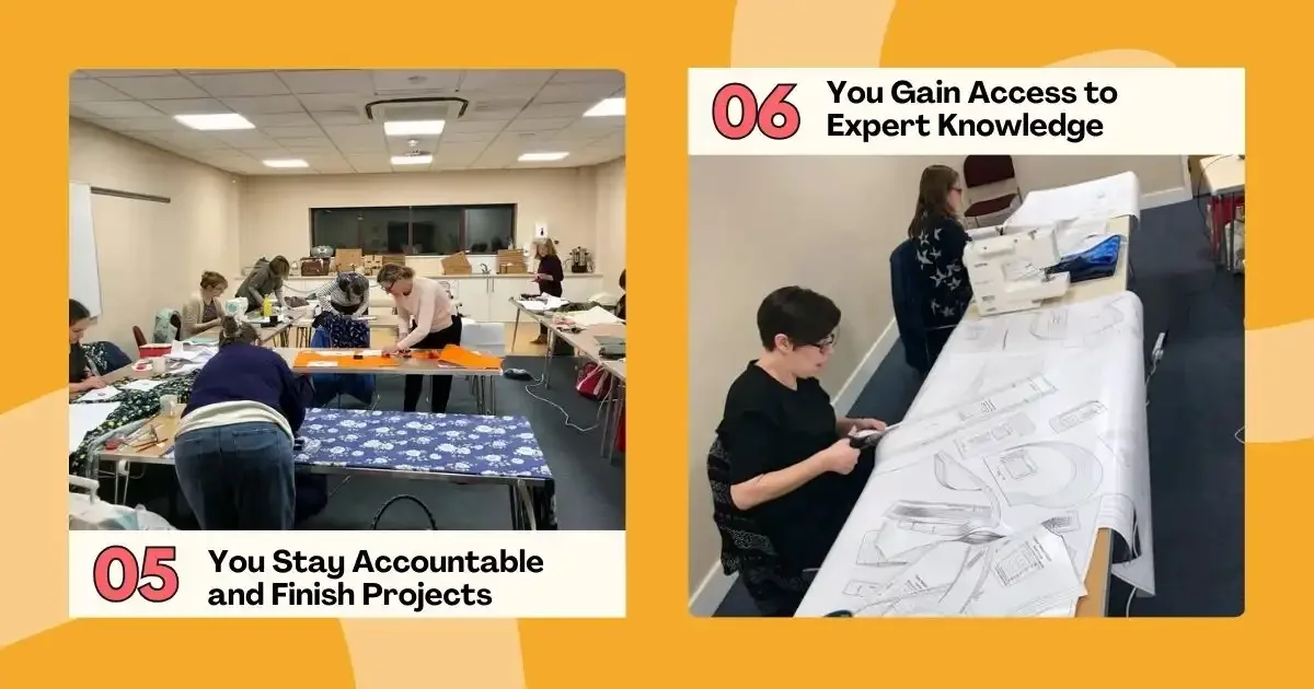 Adults working on sewing projects in a class, staying focused and accountable.