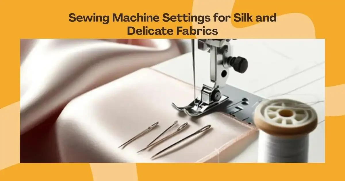 Sewing machine stitching pink silk with needles and white thread. Text: Sewing Machine Settings.