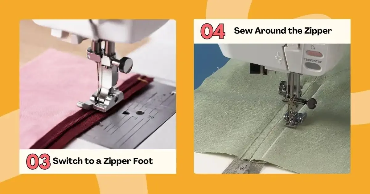Step-by-step zipper sewing: zipper foot and topstitching.
